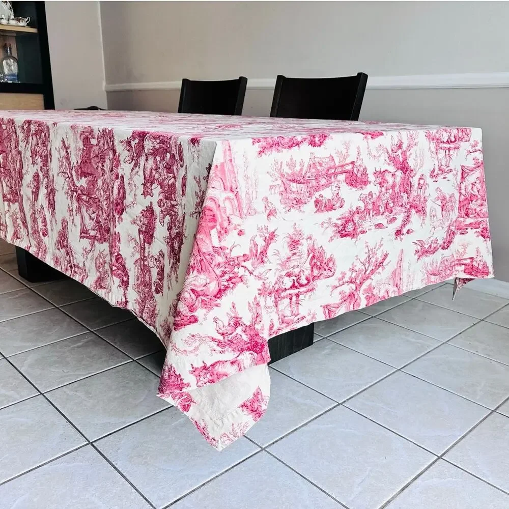 Williams Sonoma Italian Toile Tablecloth 68x126 Red Cream Cotton Made Italy